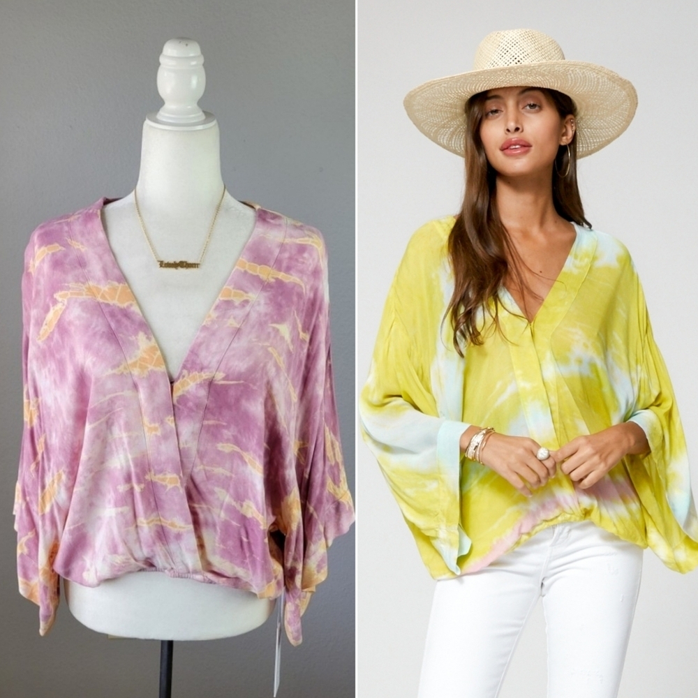 YFB // ltd ed plunge hook & eye surplice wide sleeve relaxed fit tie dye top